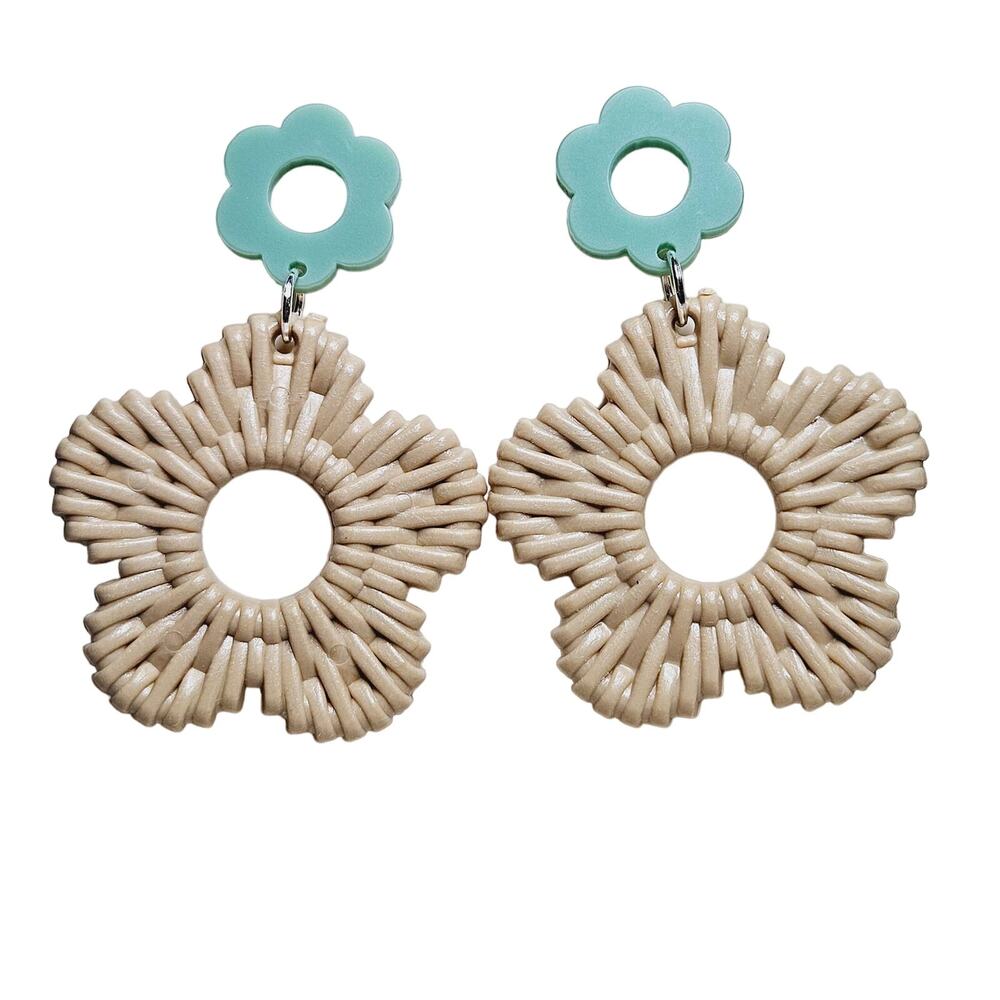Faux Rattan Floral Dangle Earrings Cottage Bold‎ Dopamine Faerie